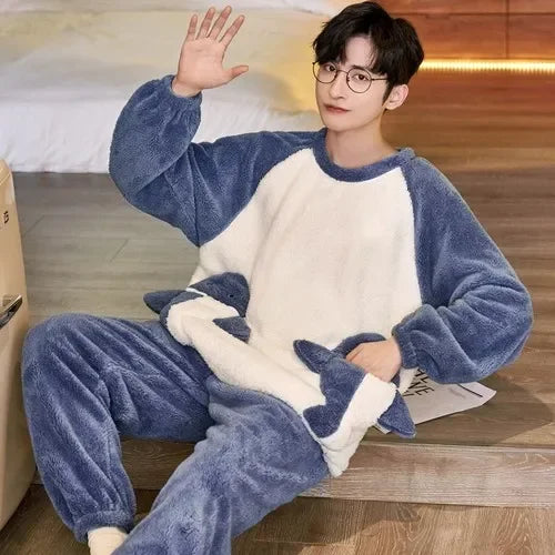2024 Winter Men Fleece Casual Long Sleeve Pajamas Set Coral Velvet Cute Cartoon Sleepwear Male Plush Thicken Warm Homewear