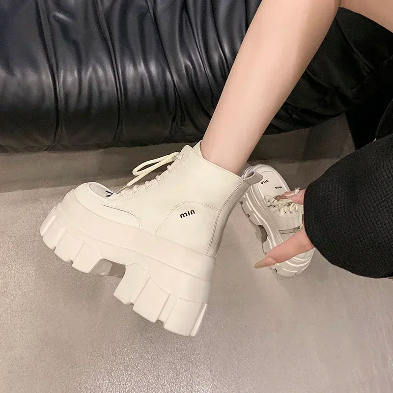 9CM Autumn High Platform Leather Boots Wedge Heels Ankle Boots Winter Women Lace-up Warm Shoes Motorcycle Chunky Sneakers Woman