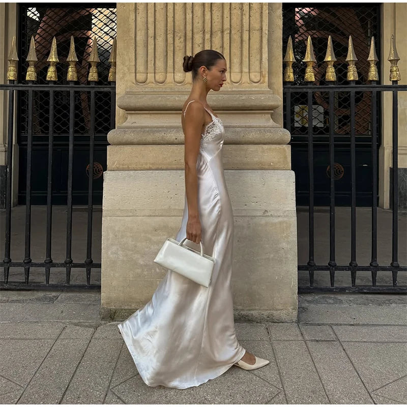 Chic Lace Patchwork Sling Maxi Dress Women Sexy V-neck Sleeveless Backless Satin Slim Long Gown Lady Evening Party Dresses 2026