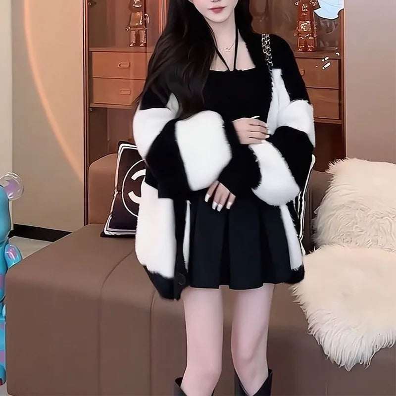 Women Mink Fur Knitted Cardigans Sweaters Autumn Winter Loose Sweet Fashion Stripe Lantern Sleeve Thicken Contrast Color Coats