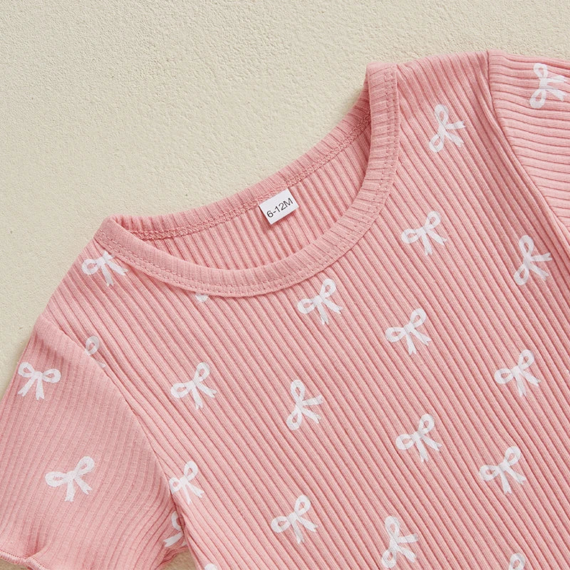 2024-12-09 Lioraitiin Toddler Baby Girl Bow Ribbed Outfit Lettuce Trim Short Sleeve Tops Elastic Waist Shorts Summer Set