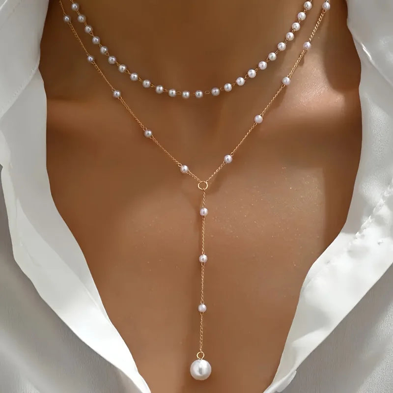 Elegant Imitation Pearl Necklace Fashion Long Tassel Pendant Front Chest Chain Necklace Women's Sexy Charm Body Jewelry Gifts