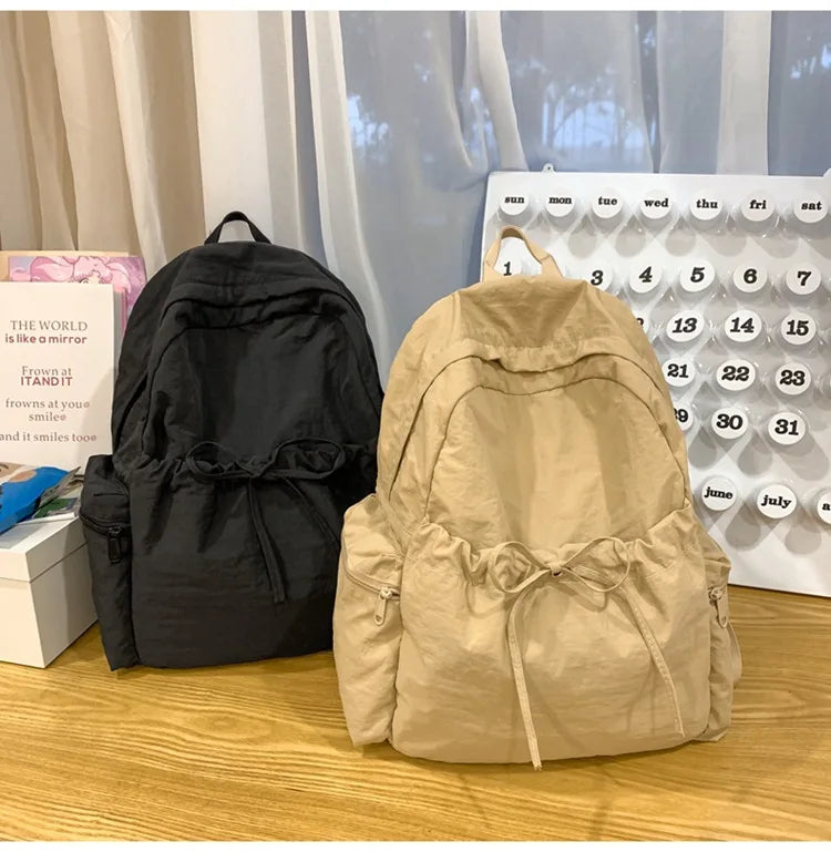Japanese Style Student Backpack Solid Color Bow Travel School Bag Lightweight and Fashionable Women's Backpack New Simple Casual