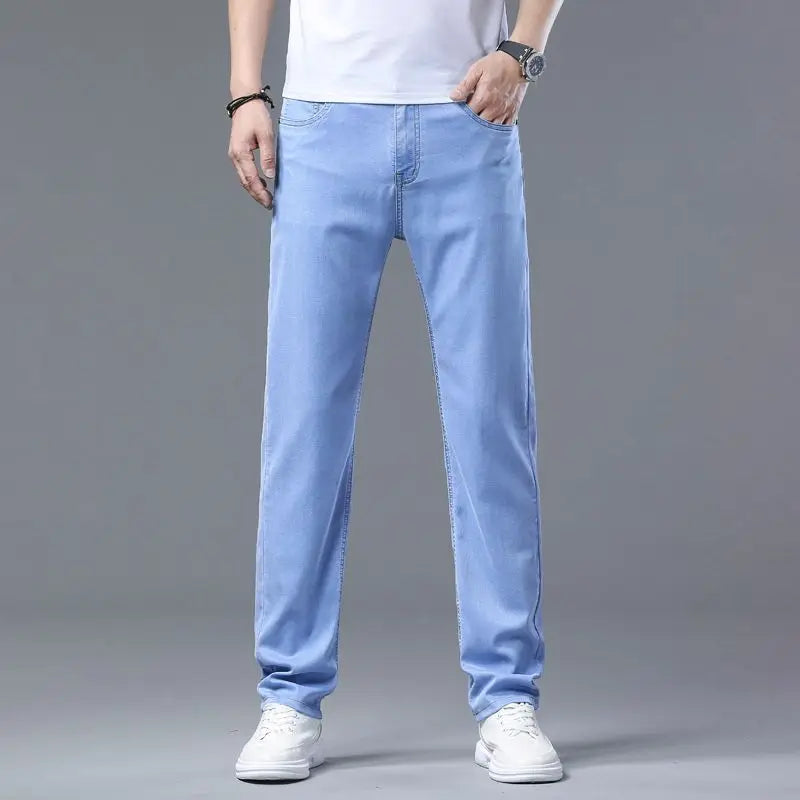 2025 Summer New Men's Light Blue Slim Stretch Jeans Lyocell Thin Style Fashion Casual Ice silk Denim Pants Male Brand Trousers