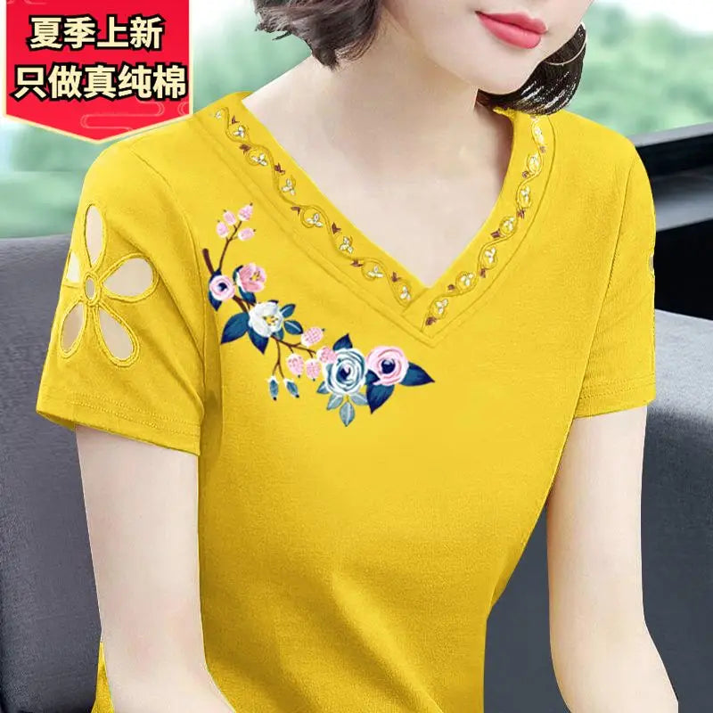 Simplicity Office Lady Summer New Pure Cotton Women's Solid V-Neck Embroidered Fashion Casual Loose Short Sleeve T-Shirts Tops