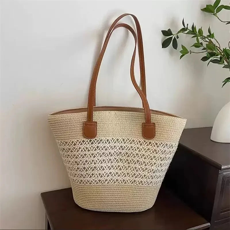 Large Capacity Straw Woven Bag And Hat Set for Outdoor Travel Face Slimming Wide Brim Sunshade Tote Bag Trendy Bucket Handbag