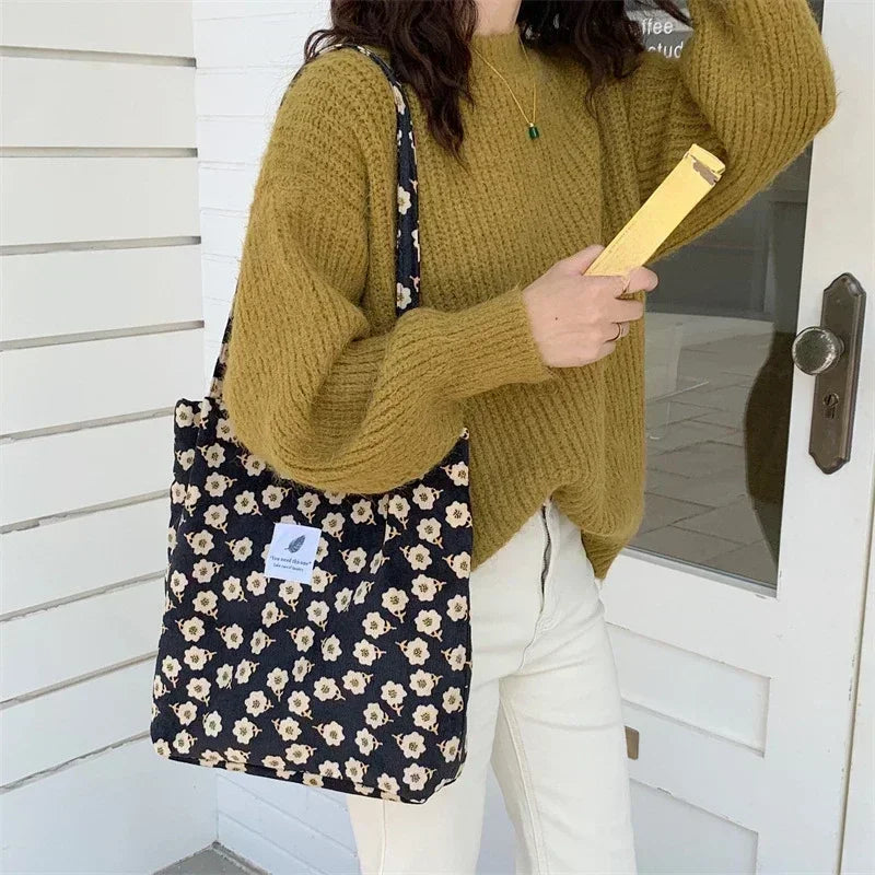 New Corduroy Shoulder Bag for Women Cotton Cloth Large Handbag Solid Color Eco Shopping Bag 2023 Ladies Reusable Totes Bags