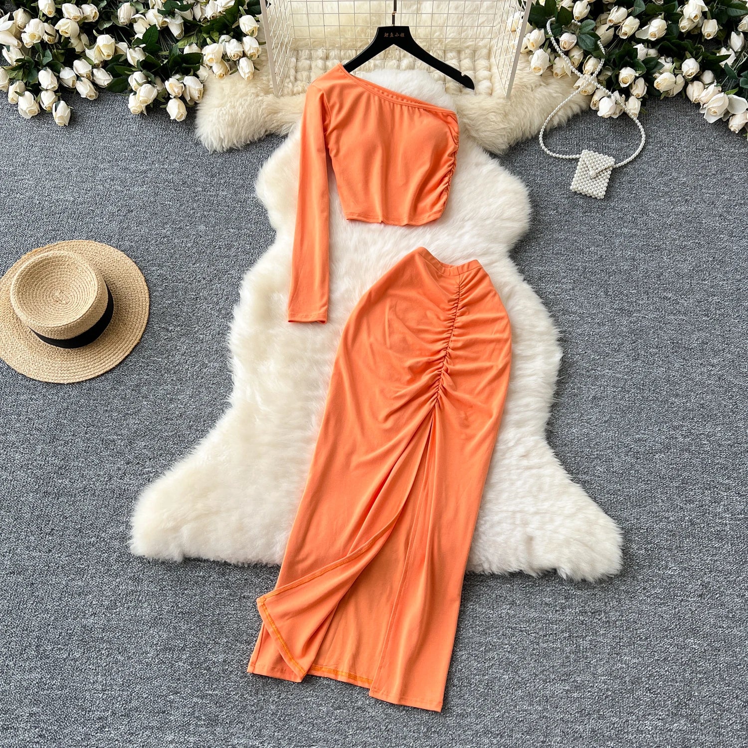 Chic Two-piece Sets One Shoulder Long Sleeve Diagonal Collar Blouse Basics High Waist Split Skirt High Street Vintage Clothing