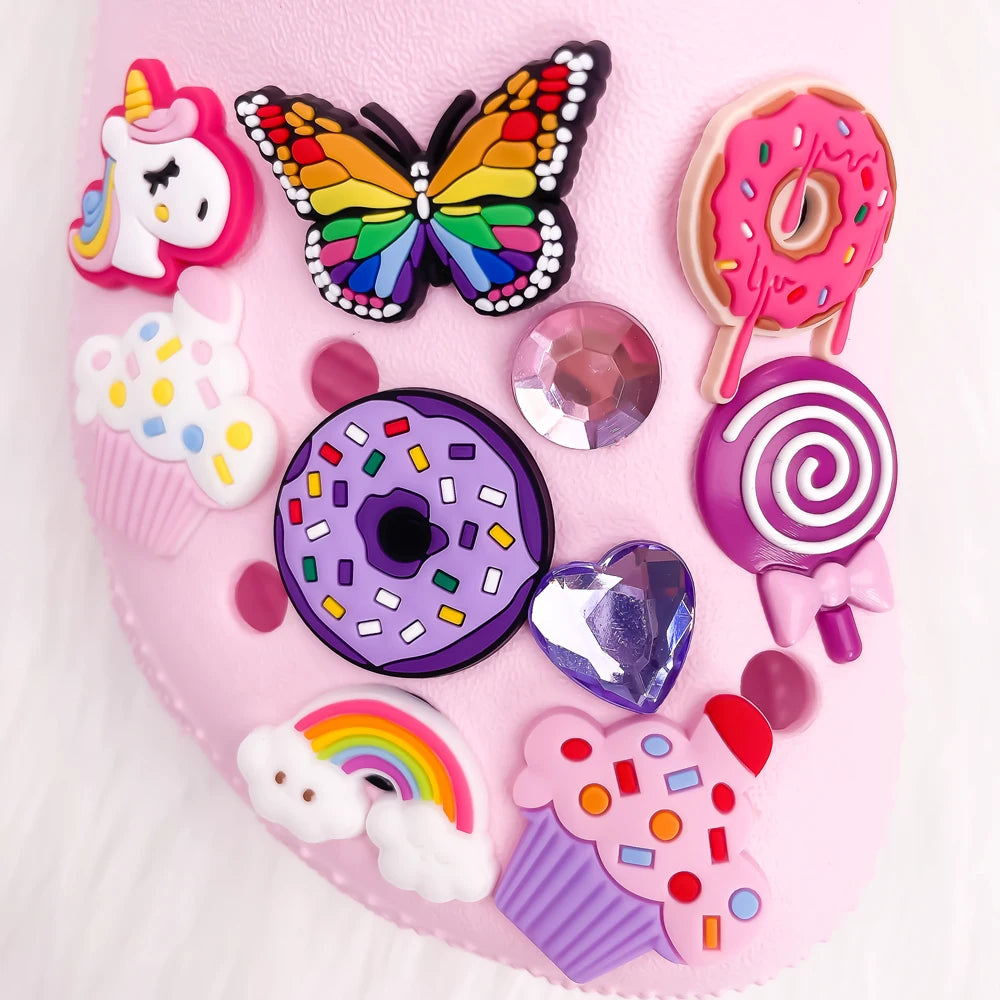 1pcs Cute Shoe Charms for Girls Fit Sandal Accessories Women Shoe Decorations Pins Unicorns Doughnuts Rainbow Party Favor Gift