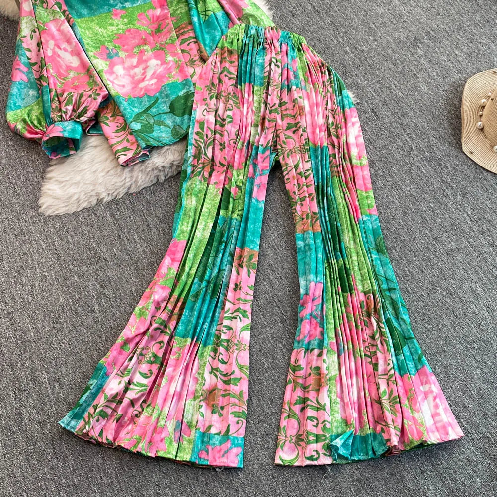 Elegant For Women's Fashion Sets Casual Long Sleeve Shirt Straight Pants Suit Female 2024 Loose Print Tops Two Pieces Outfits