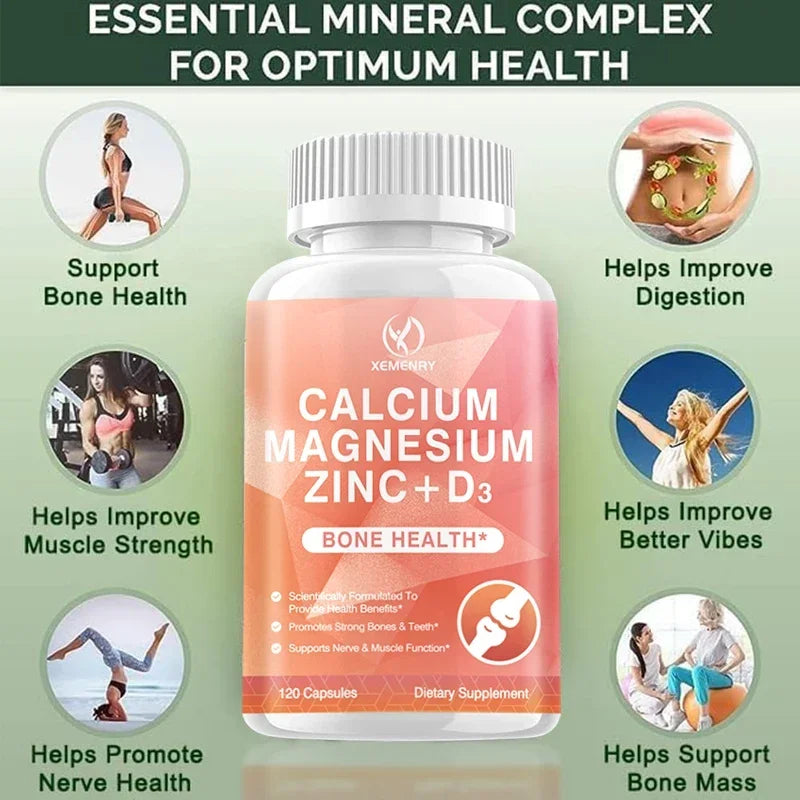 Calcium + Magnesium + Zinc + Vitamin D3 Capsules - Supports Bone and Nervous System Health and Improves Mood
