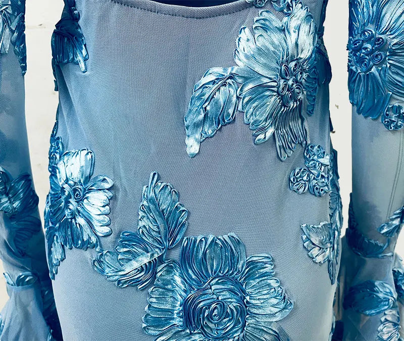 GACVGA Mesh Flare Sleeve Elegant Mini Dress For Women 3D Flower Slim Backless Sexy Bodycon Party Club Dress