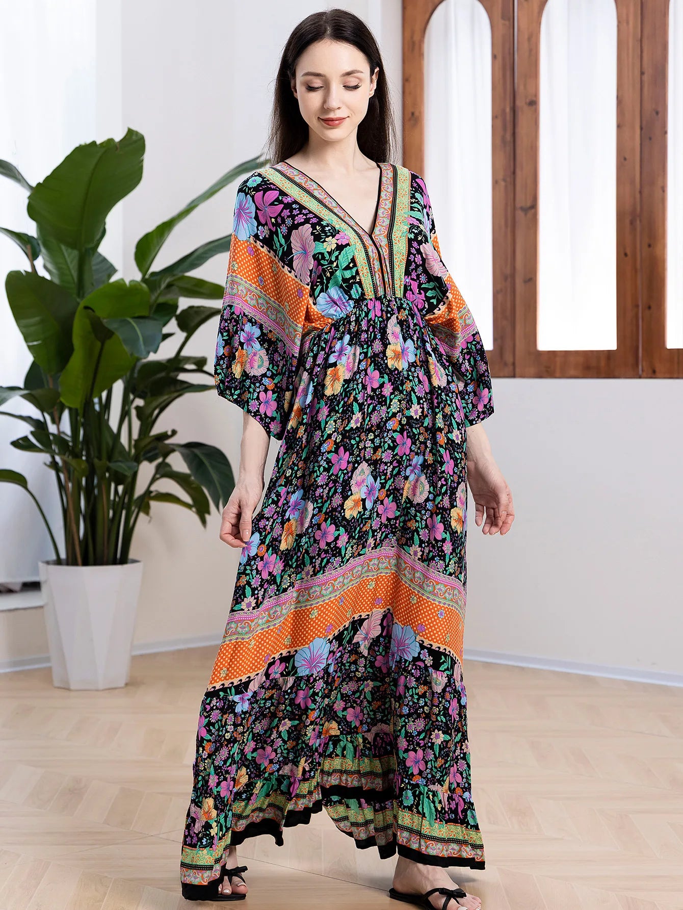 Bohemian Oversize Loose Elastic Waist Maxi Dresses Women Robe Cotton Rayon Floral Printed Long Dress Summer Boho Beach Cover up