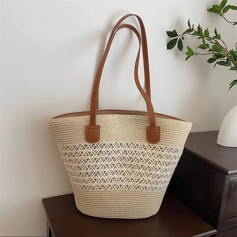 Large Capacity Straw Woven Bag And Hat Set for Outdoor Travel Face Slimming Wide Brim Sunshade Tote Bag Trendy Bucket Handbag