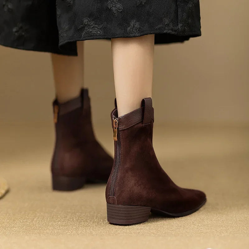 Women's Vintage Chunky Heel Ankle Boots Autumn Winter New Pointy Square Head Suede Back Zipper Soft Sole Non-slip Short Boots