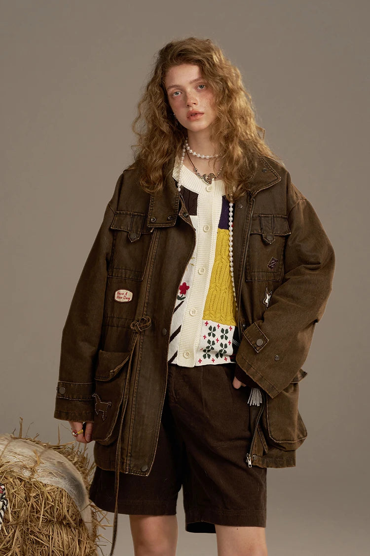 ELFSACK 2025 Autumn New Arrivals Casual Cute Color Block Puppy Cartoon Embroidery Cardigan Sweater For Woman