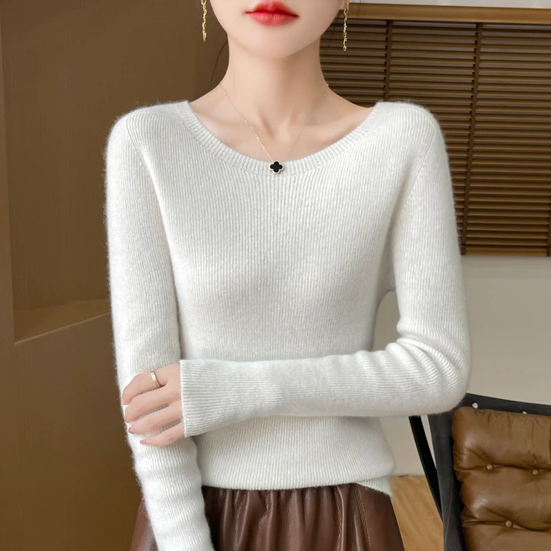 Early Fall New Crew-Neck Sweater Elegant High Elastic Simple Solid Color Thin Knit Crew-Neck Sweater Long Sleeve-GH458