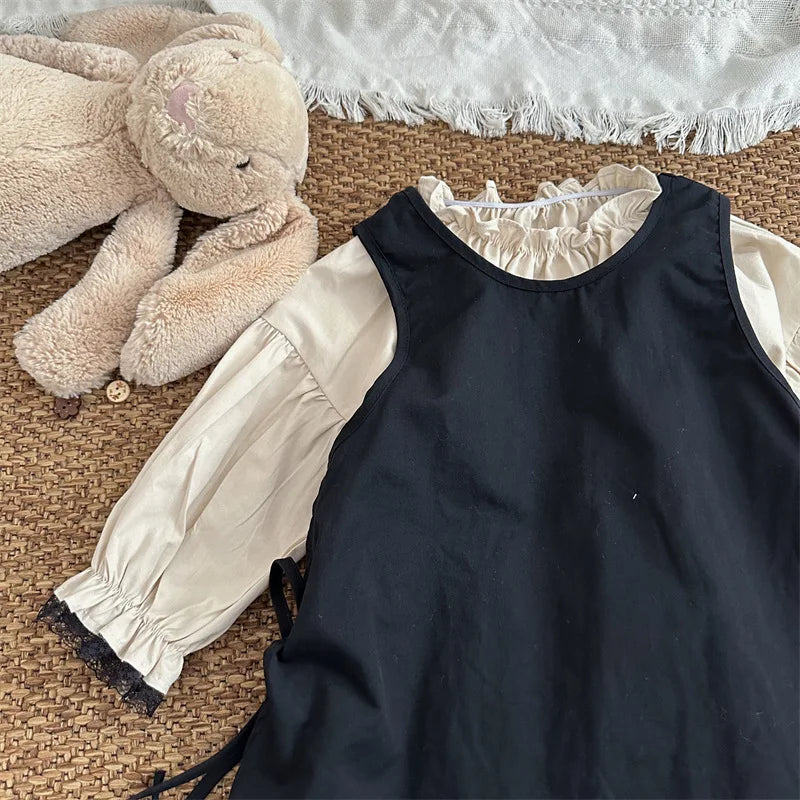4768 Children Dress Set Spring Autumn New Retro Girl's Dress Lace Skirt 2-piece Set