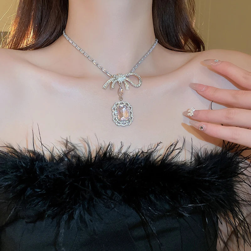 Pink Crystal Zircon Jewelry Set Women Fashion Square Bow Pendant Necklace Drop Earrings Light Luxury Party Wedding Jewelry