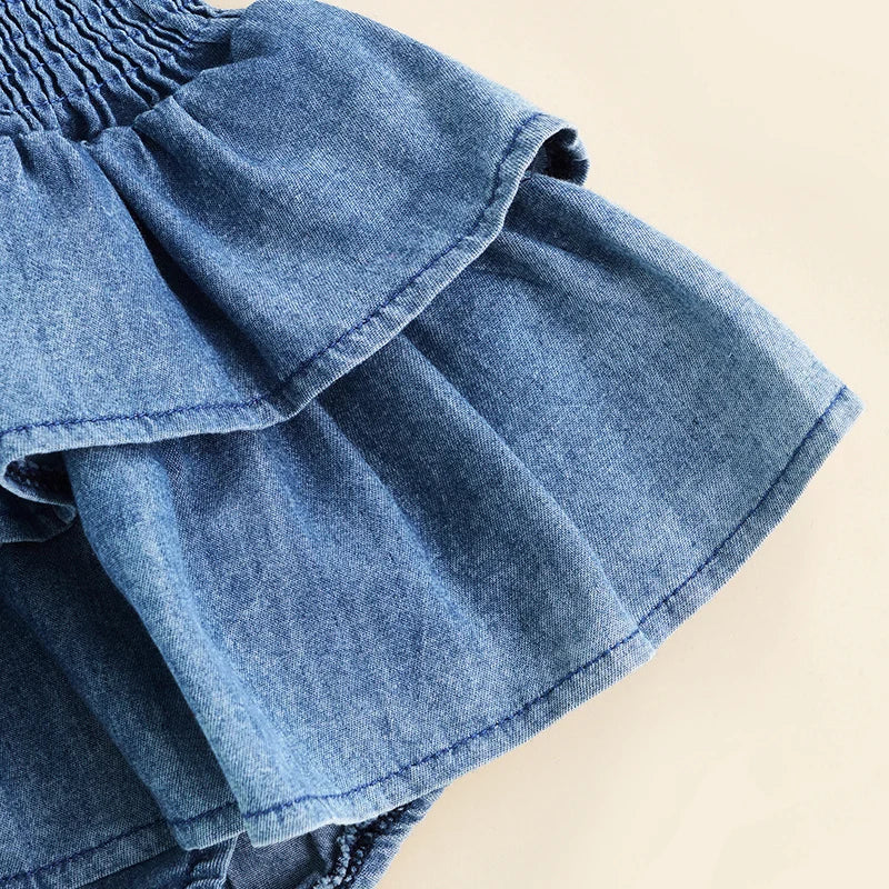 FOCUSNORM 0-18M Summer Baby Girls Boys Cute Romper Clothing Blue Denim Sleeveless Strap Ruffle Layered Jumpsuits