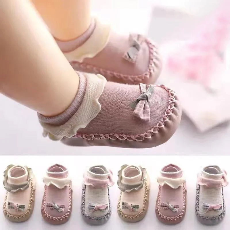 Baby Walking Socks Soft Sole Shoes 0-2Year Newborn Early Education Adhesive Anti Slip Floor Sock Cute Bow Shoe Kids Footwear