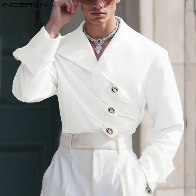 INCERUN Men Irregular Shirt V Neck Long Sleeve Solid Color Men Clothing Loose Pleated Streetwear 2025 Casual Irregular Shirts