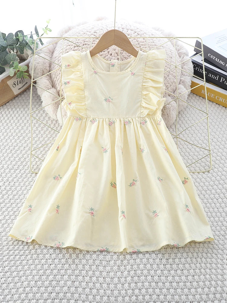 Summer Girls' Solid-color Flying Sleeve Princess Dress Round-neck Embroidered Casual Dress Children's Clothing