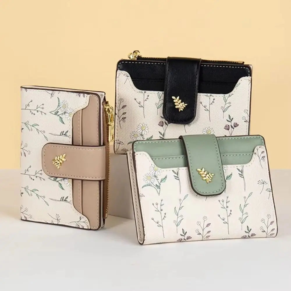 Fashion PU Leather Women Short Wallet Zipper Hasp Small Flowers Card Holder Slim Small Wallet Multi-Cards Coin Purse For Girl