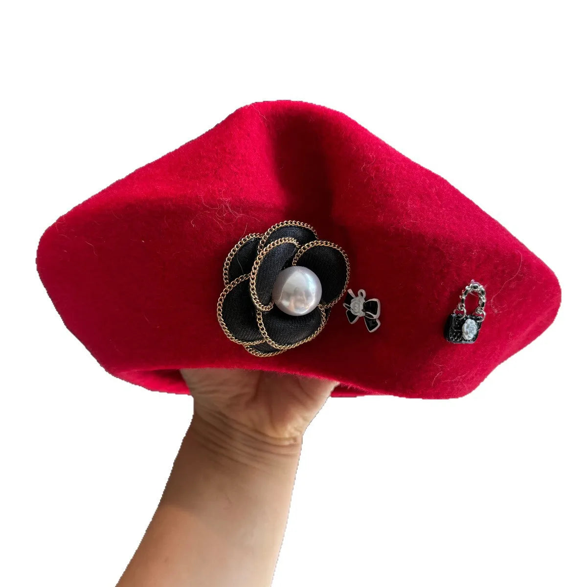 Women's Wool Beret with Camellia & Pearl | French Vintage Elegant Style | Party Painter Hat