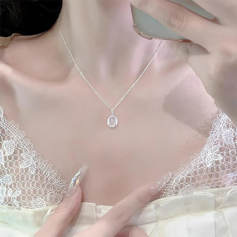 925 Sterling Silver White Jade Necklace Women's New Fashion Sweet Collarbone Chain Oval Pendant Simple Temperament Jewelry