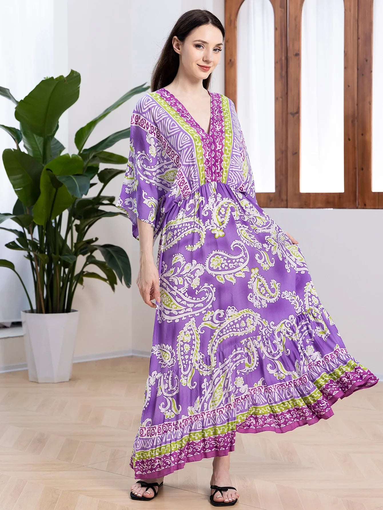 Bohemian Oversize Loose Elastic Waist Maxi Dresses Women Robe Cotton Rayon Floral Printed Long Dress Summer Boho Beach Cover up