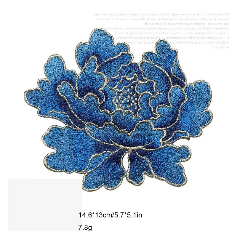 1 Piece 14.5*13cm Blue Pink Yellow Red Peony Embroidery Patch Applique Sew on Patch for Evening Dress Bag DIY Glue-free