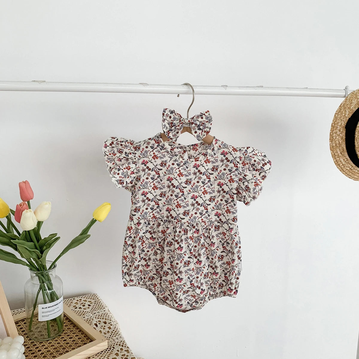 Lovely Romper+Headband 2 PCs Toddler Girl Floral Clothing Set Baby Cotton Soft Jumpsuit Newborn Flower Onesie Kids Summer Outfit