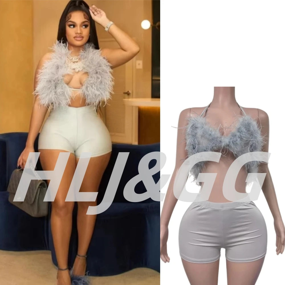 HLJ&GG Fashion Y2K Fur Hollow Out Streetwear Women Sleeveless Slim Crop Top And Shorts Outfits Female Trend 2pcs Outfits 2025