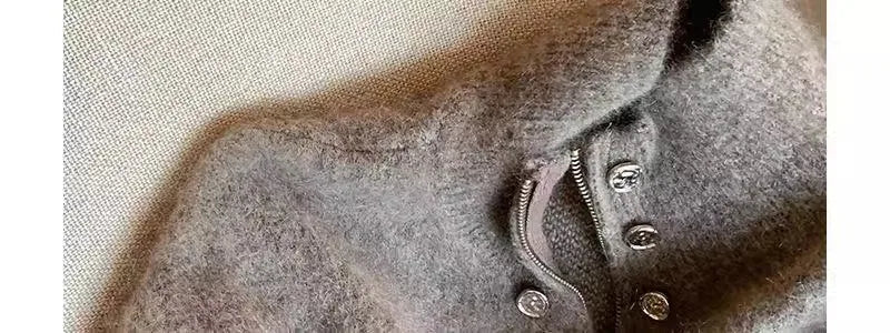 Grey Vintage Sweater Cardigans For Women Autumn New High Collar Double Breasted Knitted Coats Simple Elegant Female Knitwear Top