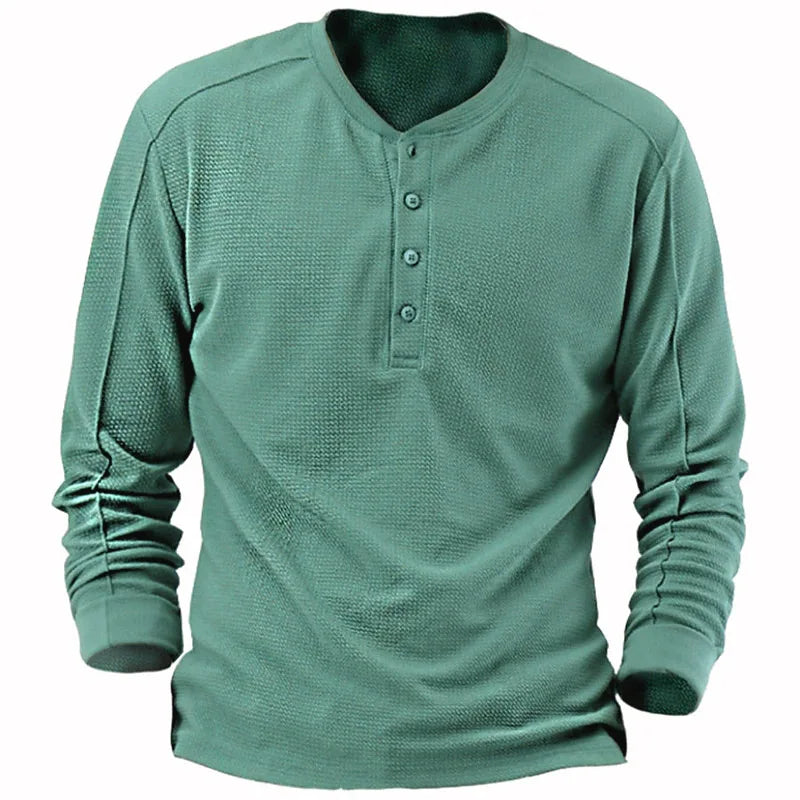 2026 Fashion Men's Waffle Long Sleeve T-shirt Solid Casual Men Henry Collar Tees Pullover Spring New Male Comfort Ventilate Tops