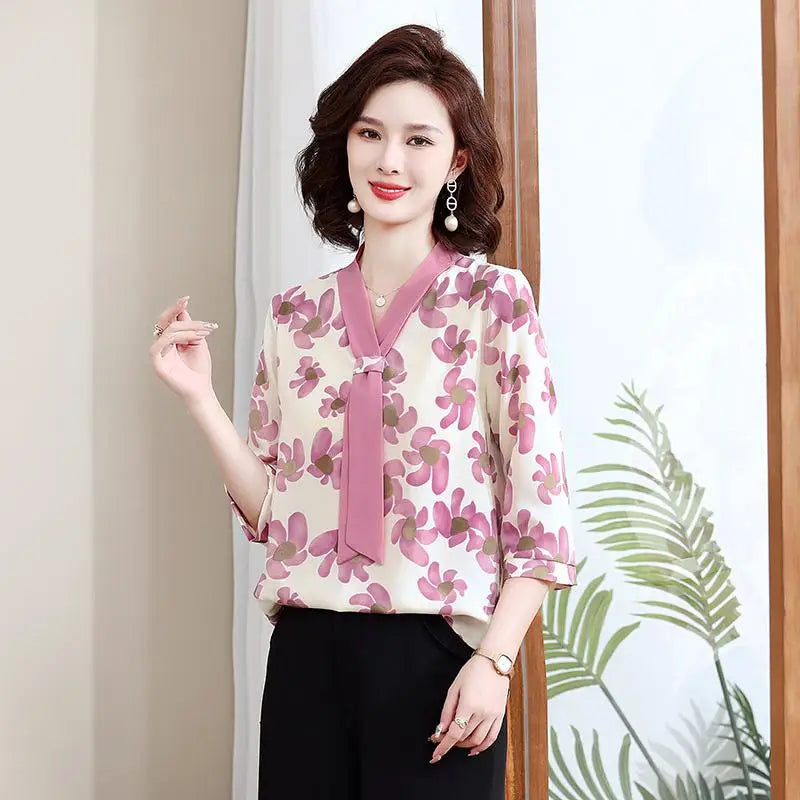 Fashion Printed Spring and Autumn shawl collar Women's Fashion Floral Checked Mid Sleeved Loose Chiffon Tops