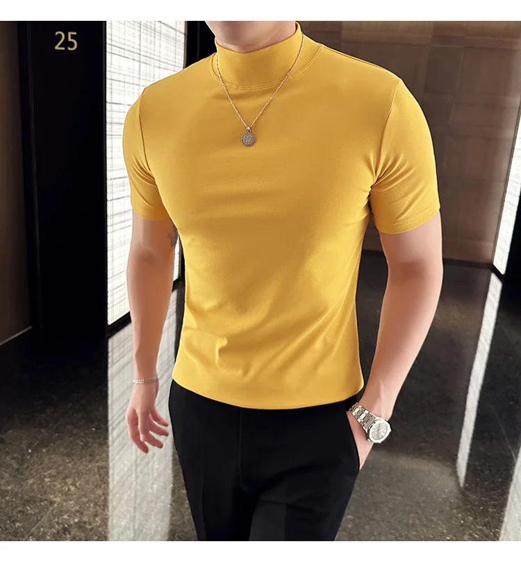 Spring Summer Men's Half High Neck Short Sleeve T-shirt Korean Slim Fit Solid Color Bottom Shirt Casual Cotton Elastic T-shirts