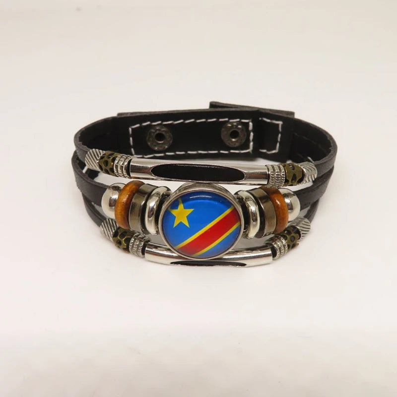 Love Congo Flag Leather Bracelet Charm Congo Girls Glass Beads Bracelets For Women And Men Gift
