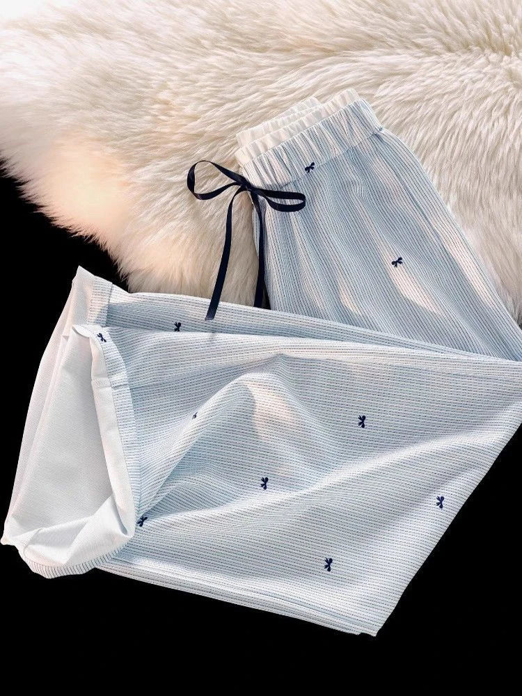 Zoki Sweet Bow Striped Pants Women High Waist Korean Casual Wide Leg Trousers Elegant Fashion Loose Cute Female Spring Pants New