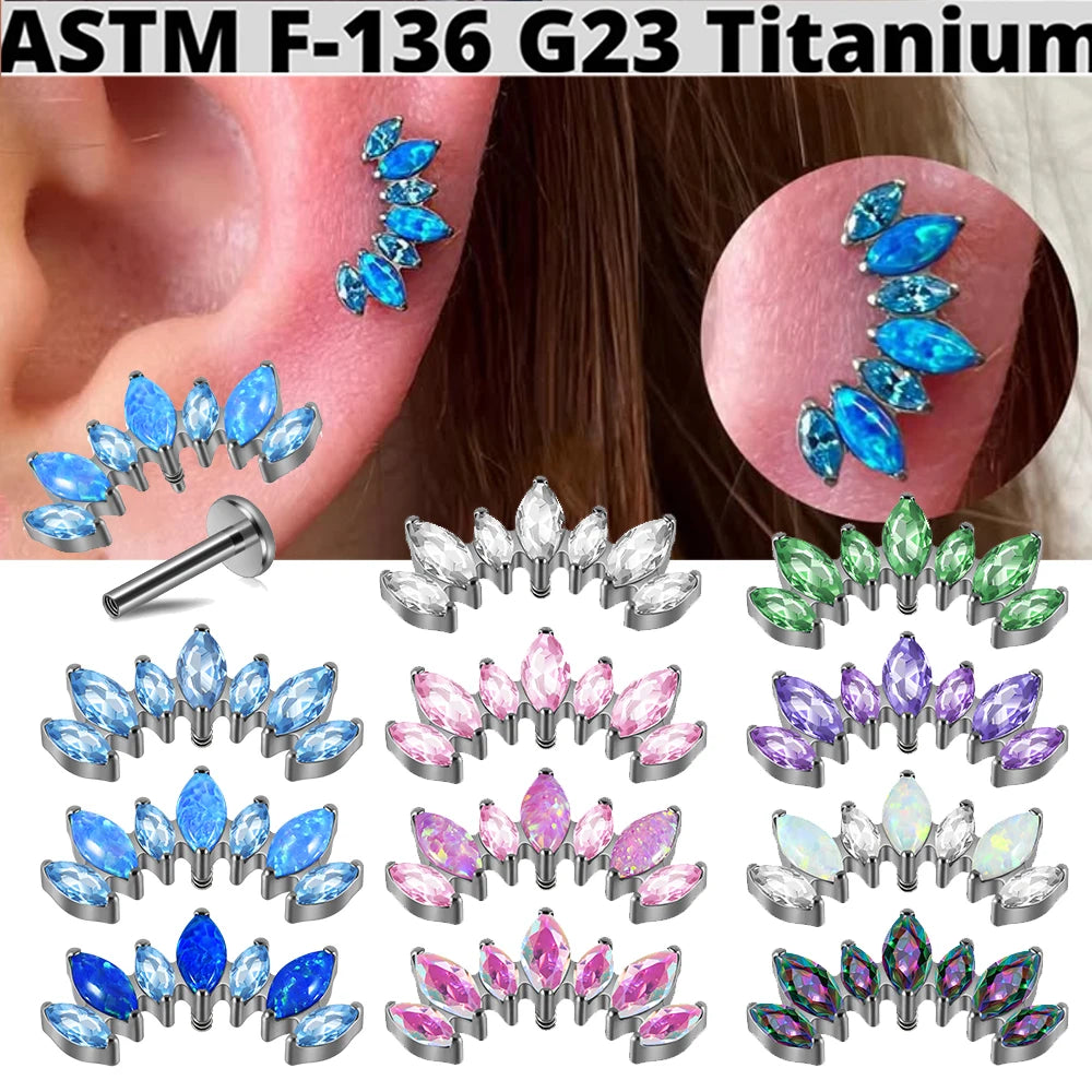 1PC G23 Titanium 7 Marquis Zircon Labret Lip Ring Internal Thread Opal Ear Cartilage Tragus Helix Daith Body Jewelry