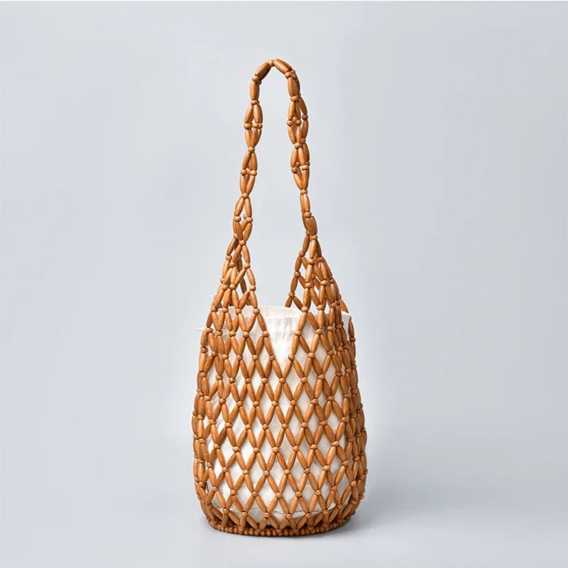 Summer Boho Style Hollow Out Woven Bag for Women Fashion Wooden Beads Shoulder Bag Seaside Holiday Mesh Bucket Tote Bags Bolsa