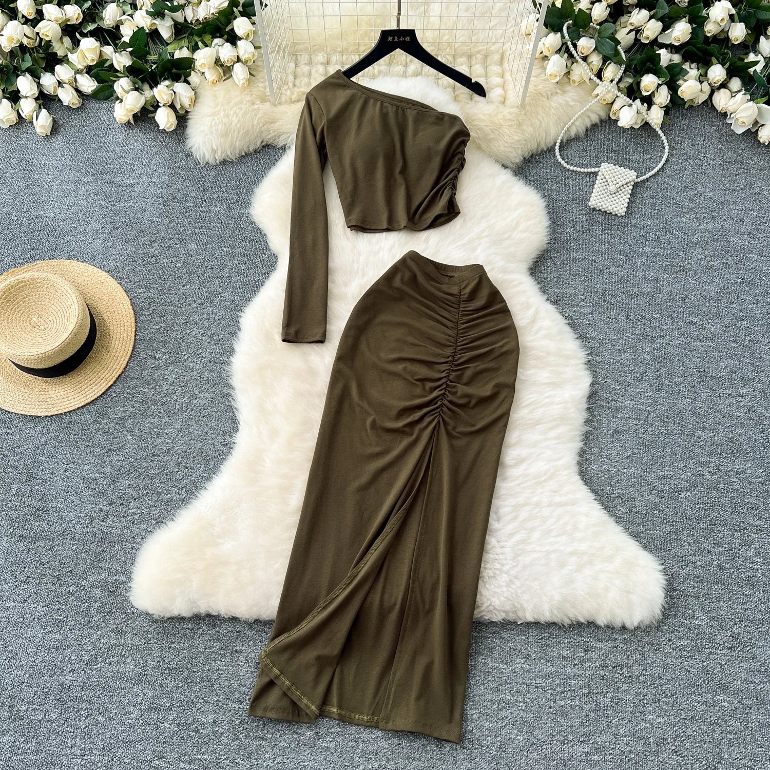 Chic Two-piece Sets One Shoulder Long Sleeve Diagonal Collar Blouse Basics High Waist Split Skirt High Street Vintage Clothing
