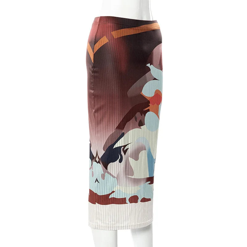 Women Vintage Art Print Ribbed Y2K Midi Skirt Elegant Bodycon Long Skirt Harajuku Wild Bottoms Harajuku Slim Fit Party Skirt