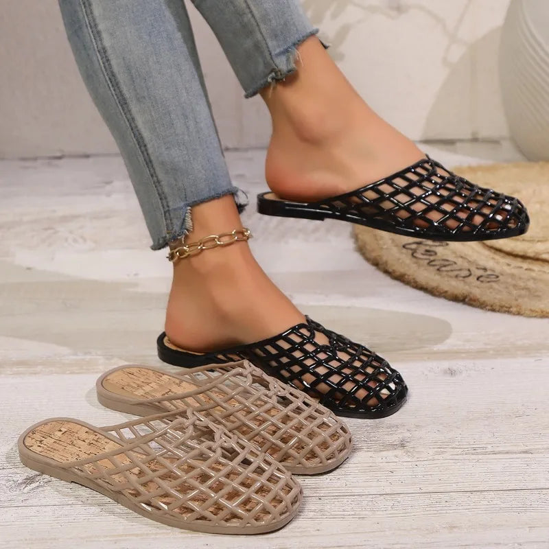 Women's Shoes 2025 Summer New Mesh Woven Hollowed-out Breathable Head Slippers for Women's Toe Wedge Sandals Zapatos De Mujer