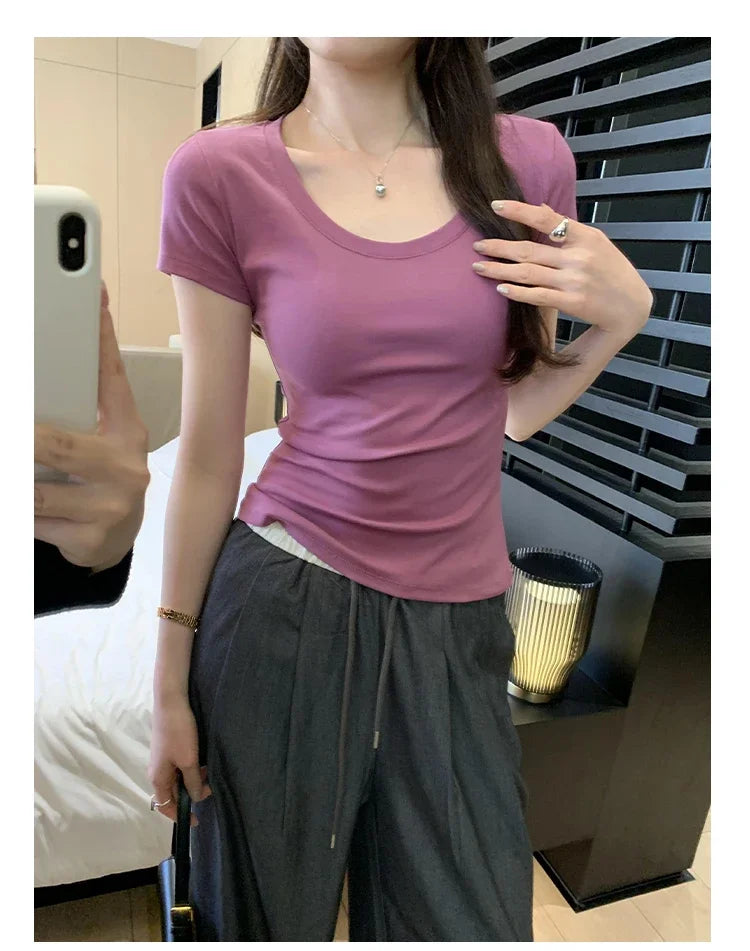 Spring Summer New Short Sleeve T-Shirt Women Solid Simple Casual Soft All-Match Hot Basic Slim Tops Tees Summer Fashion 2026