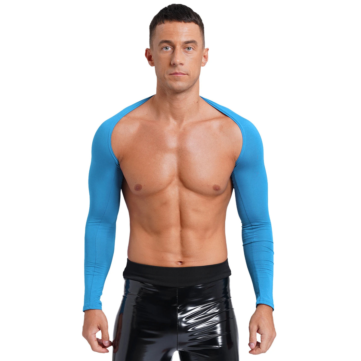 Men Open Front Half Crop Top Solid Long Sleeve Cardigan Bolero Shrug Tops Muscle Arm Sleeves Workout Sports Gym Tops Clubwear