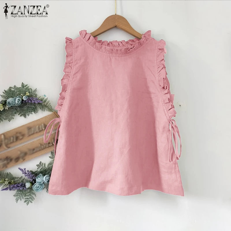 ZANZEA Women Tank Tops 2025 Summer Bandage Casual Loose Tees Sexy Sleeveless Solid Color Shirts Round Neck Ruffled Blusas Tops