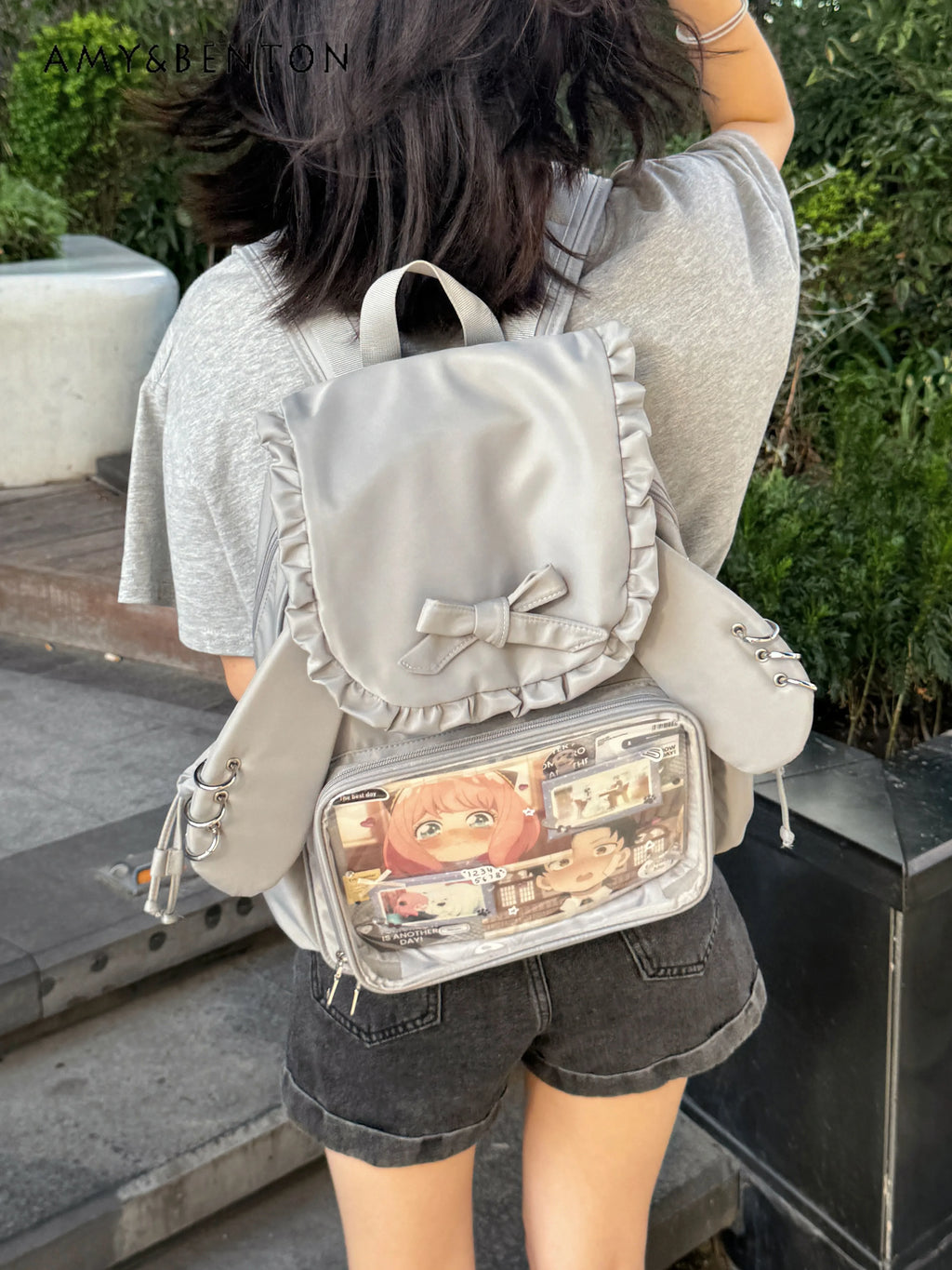 Original Two-dimensional Cute Transparent Large-capacity Backpack Women Sweet Bow Rabbit Ears Bags Preppy Style Kawaii Backpacks