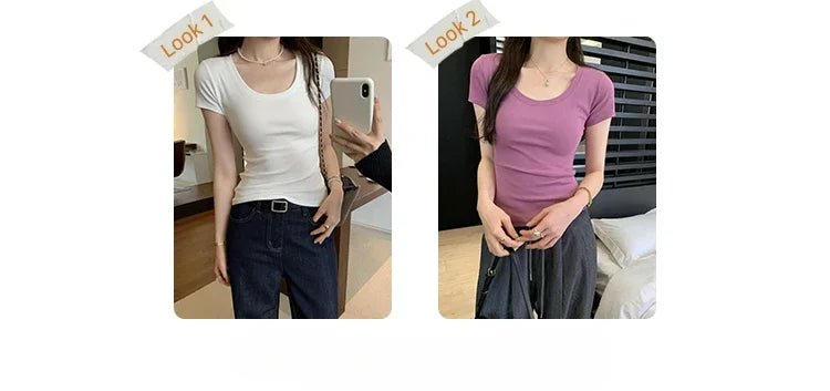 Spring Summer New Short Sleeve T-Shirt Women Solid Simple Casual Soft All-Match Hot Basic Slim Tops Tees Summer Fashion 2026